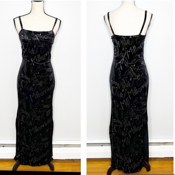Vintage Milenium Y2K Black Velvet Stretchy Maxi Dress Size Medium - Picture 1 of 12